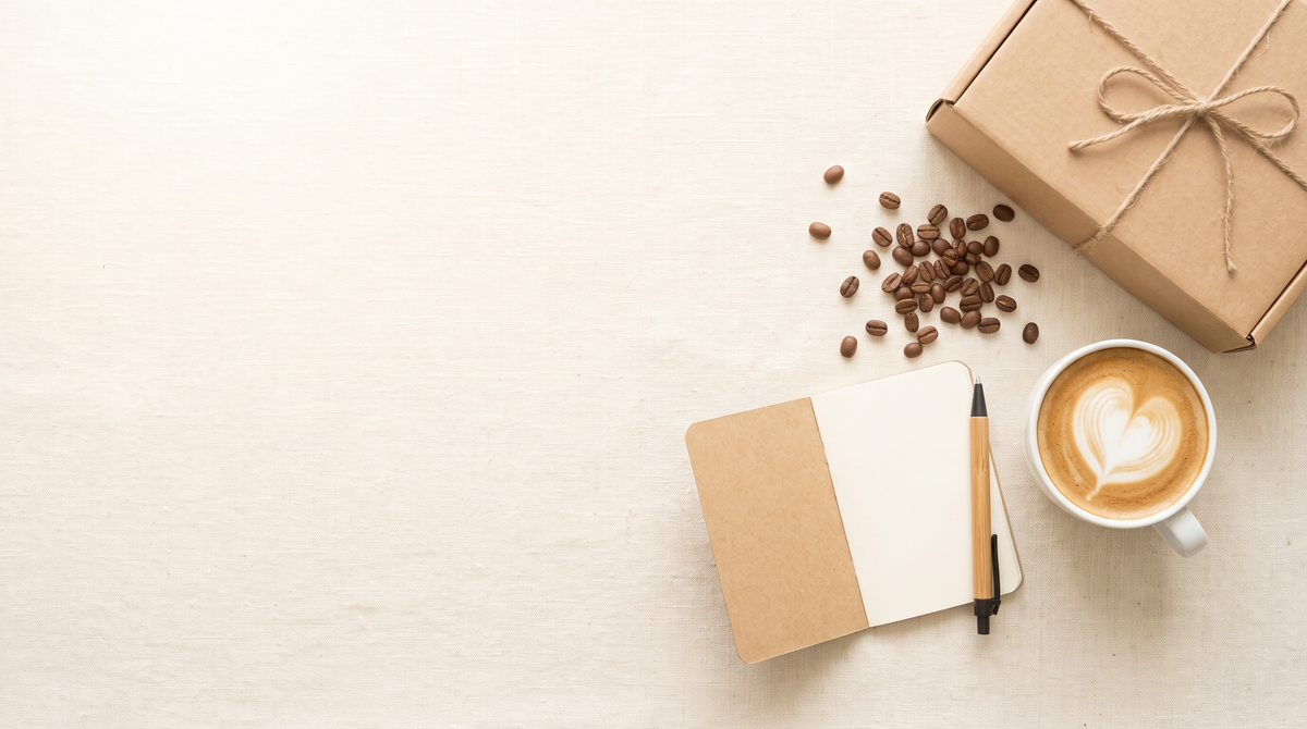 Espresso cup, notebook and CremaKit box on a cream table