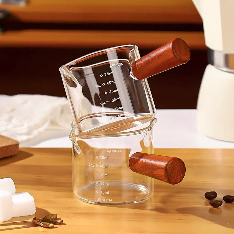 Espresso measuring glass with ml and oz markings and wooden handle