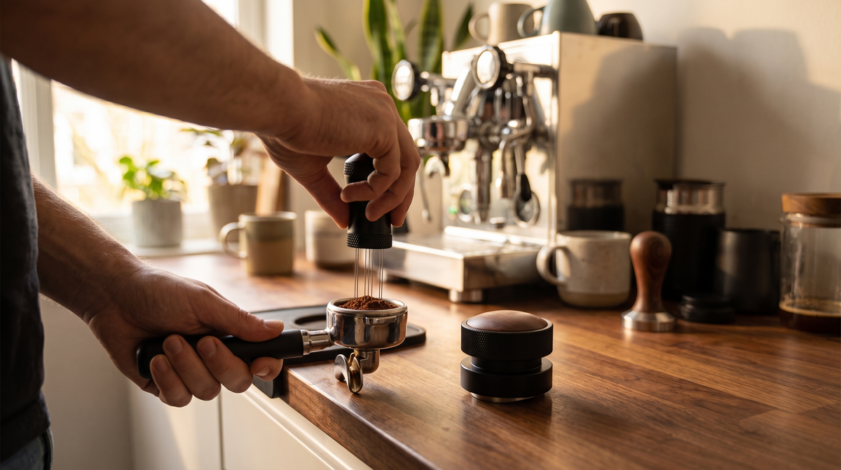 Hands preparing an espresso with CremaKit tools