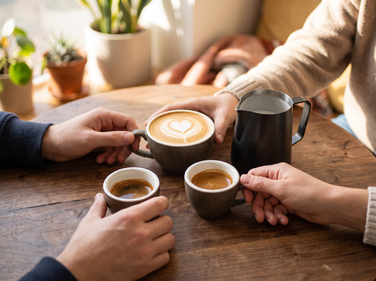 Friends enjoying espresso drinks at home