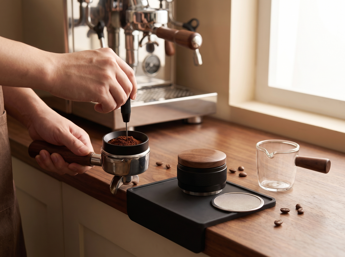 Hands stirring coffee grounds with a WDT tool during espresso puck prep