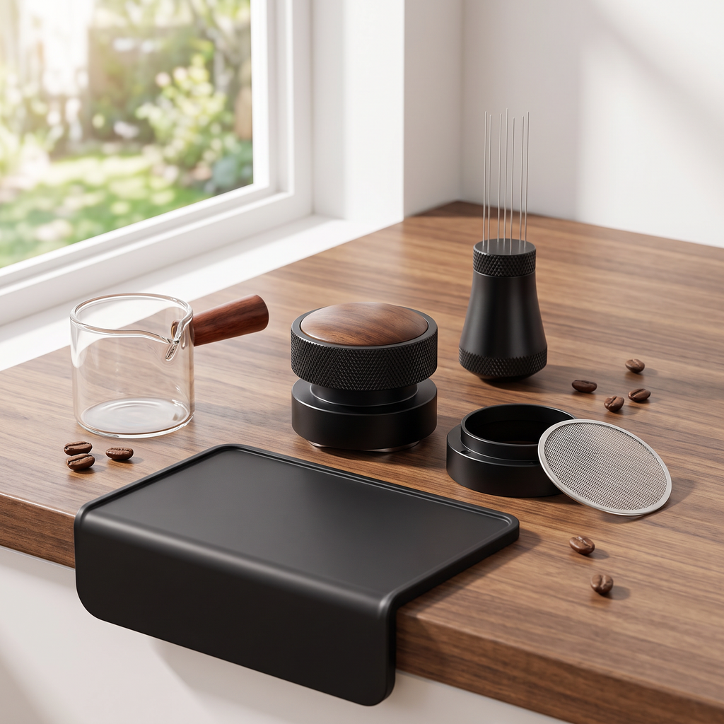 The Espresso Prep Kit on a walnut countertop
