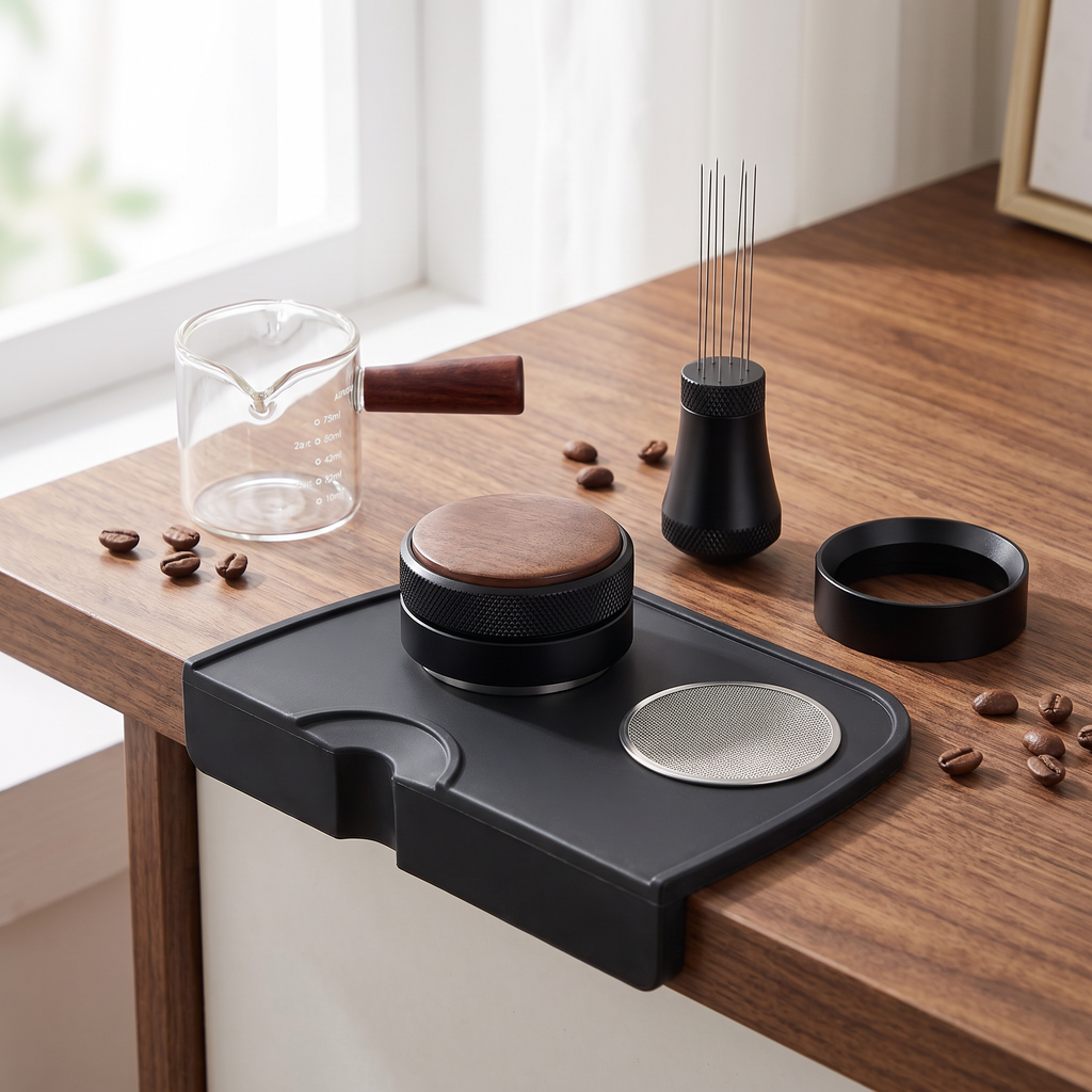 The Espresso Prep Kit: palm tamper, WDT tool, dosing ring, puck screen, tamping mat and shot glass