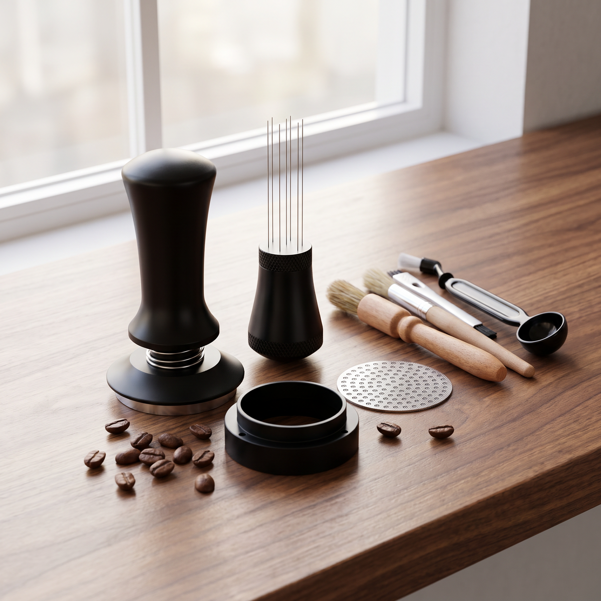 The Starter Kit: calibrated tamper, WDT tool, dosing ring, puck screen and cleaning brushes