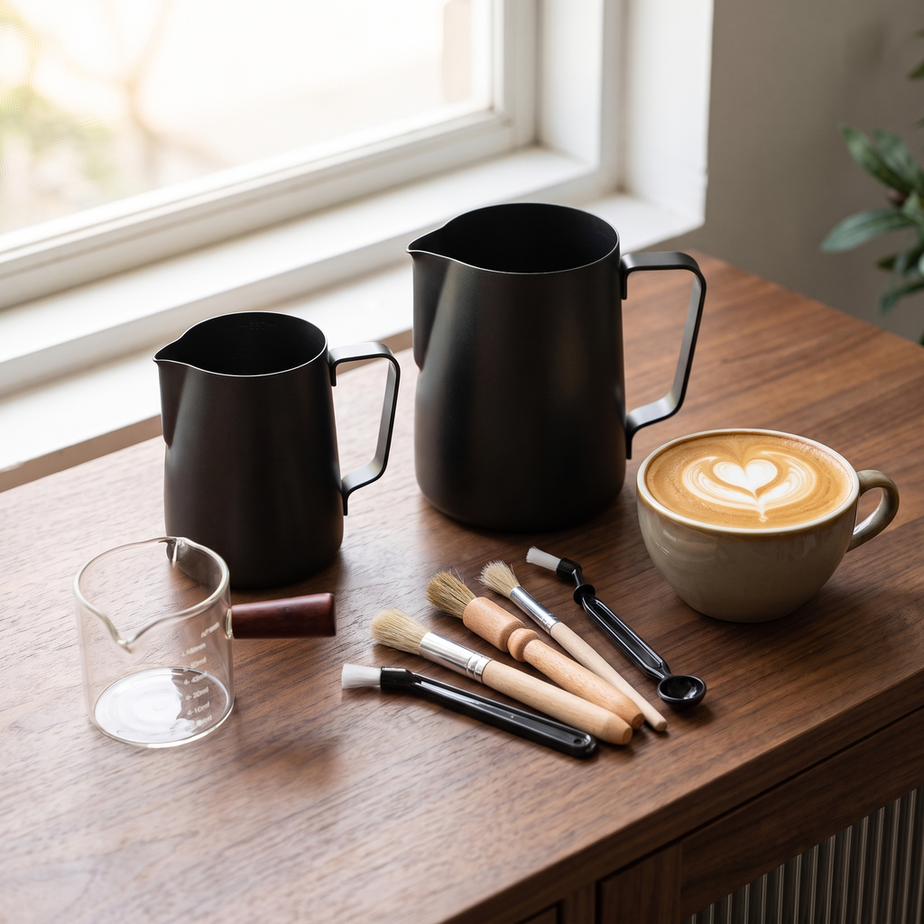 The Latte Art Set: 350ml and 600ml matte black milk pitchers, shot glass and brushes