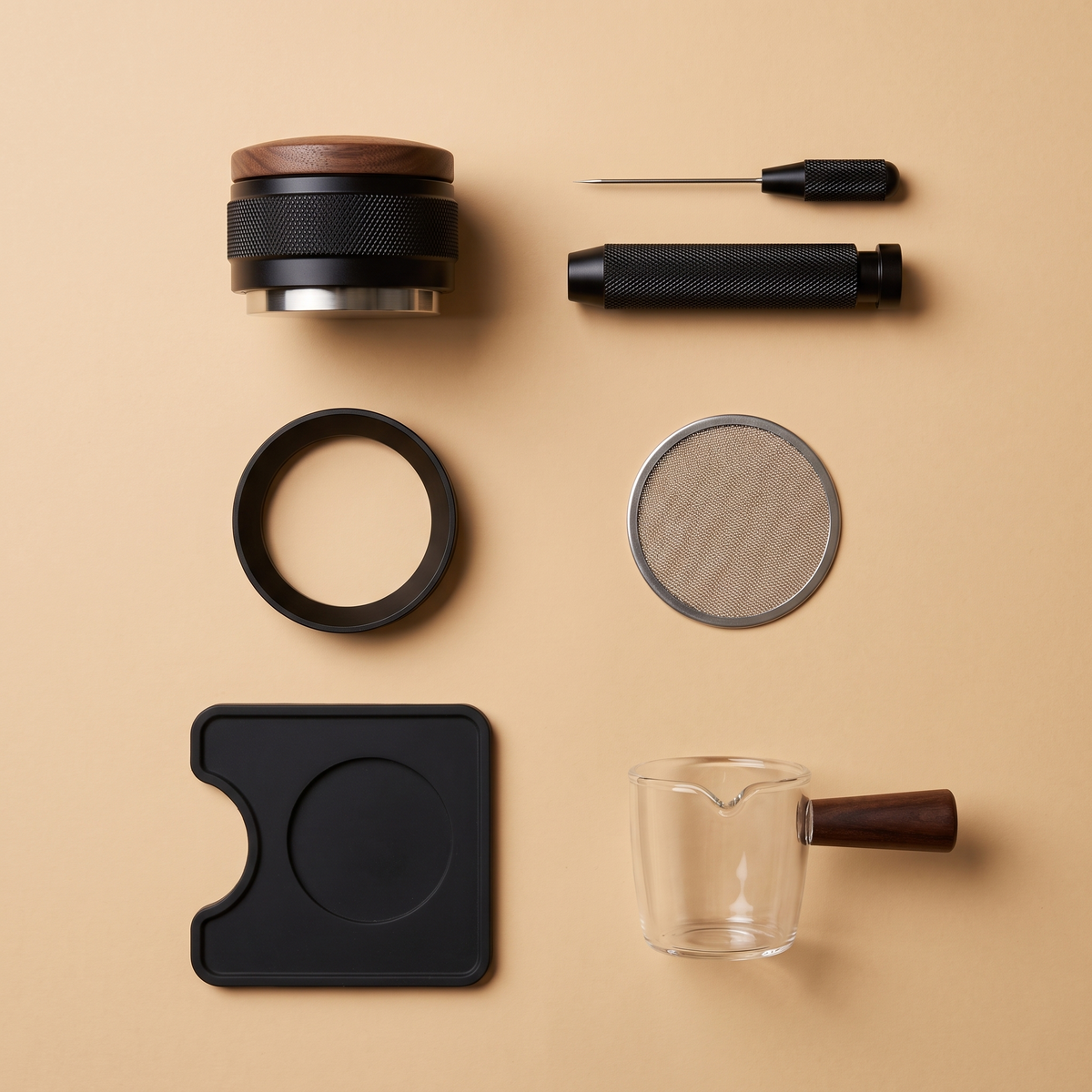The Espresso Prep Kit, all six tools laid out