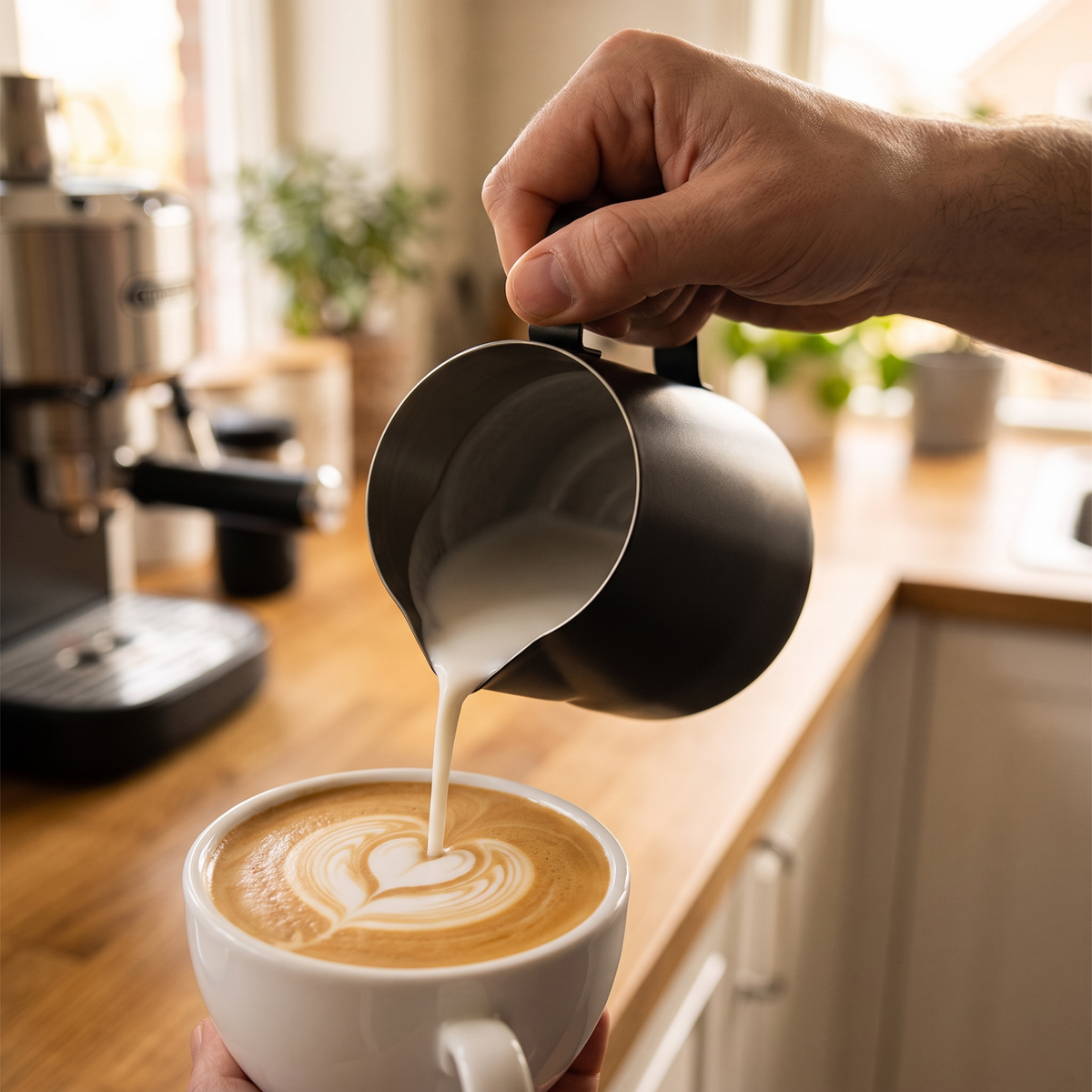 Matte black milk pitcher in use