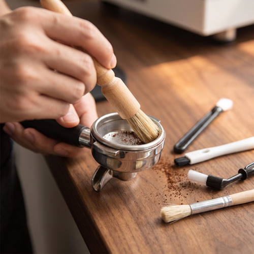 Barista cleaning brush set in use