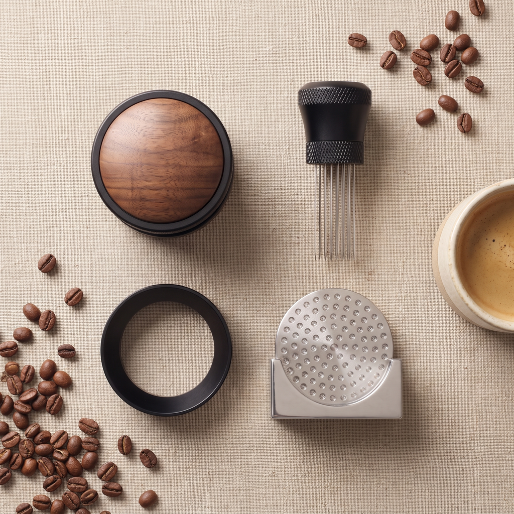CremaKit Prep Kit flat lay: palm tamper, WDT tool, dosing ring and puck screen