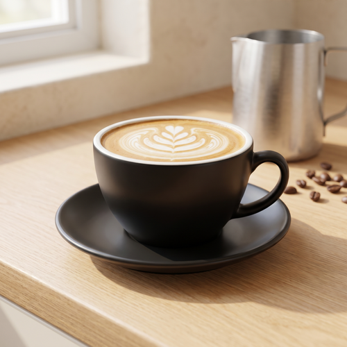 Matte black porcelain cappuccino cup and saucer holding a cappuccino with latte art