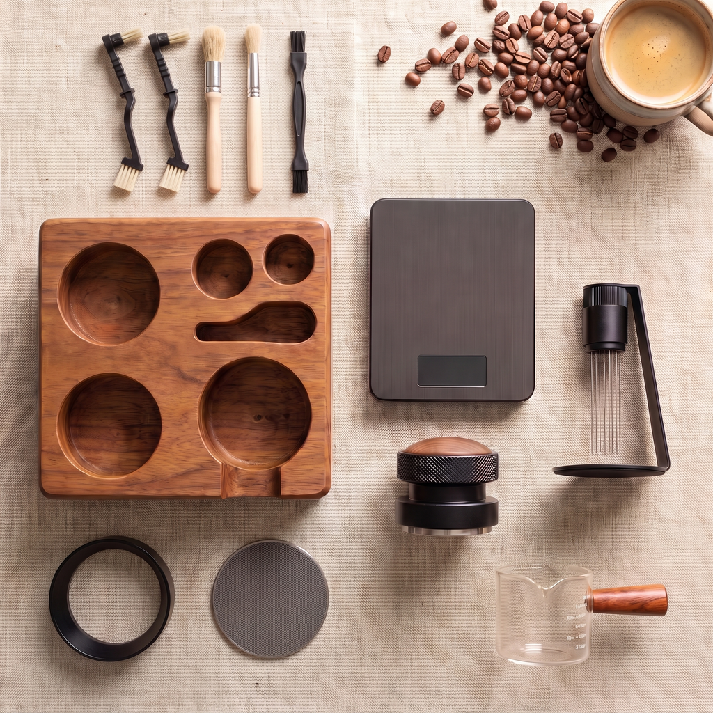 CremaKit Full Pro Kit flat lay: tamping station, scale, palm tamper, WDT tool, dosing ring, sintered screen, measuring glass and cleaning brush set